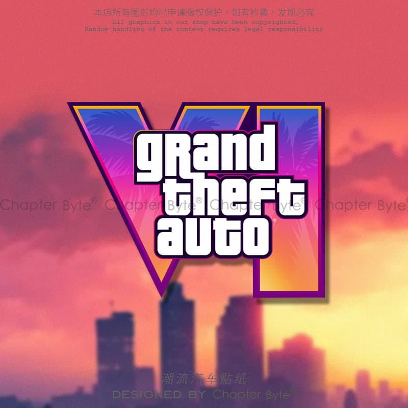 GTA6 Car Sticker Creative Logo Decal for Skateboard, Tablet, PC Case, Car Body, Window, and Glass Decoration