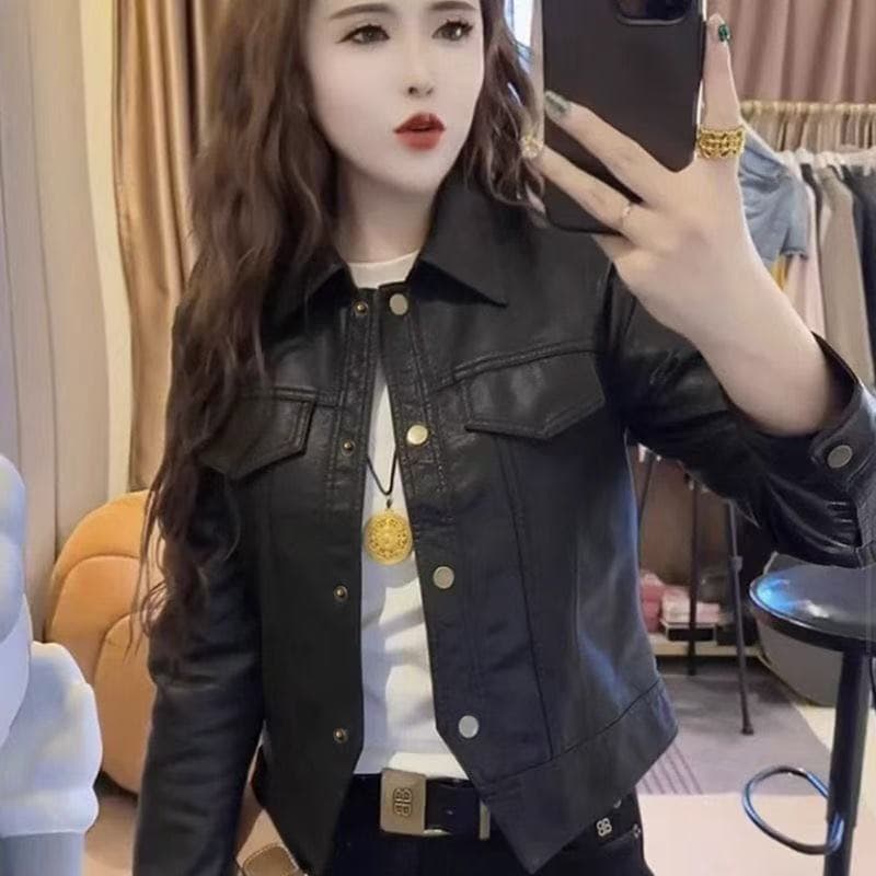 Fashion Retro Single-Breasted PU Leather Jacket Women Short Stand Collar Autumn Spring New Versatile Motorcycle Jacket