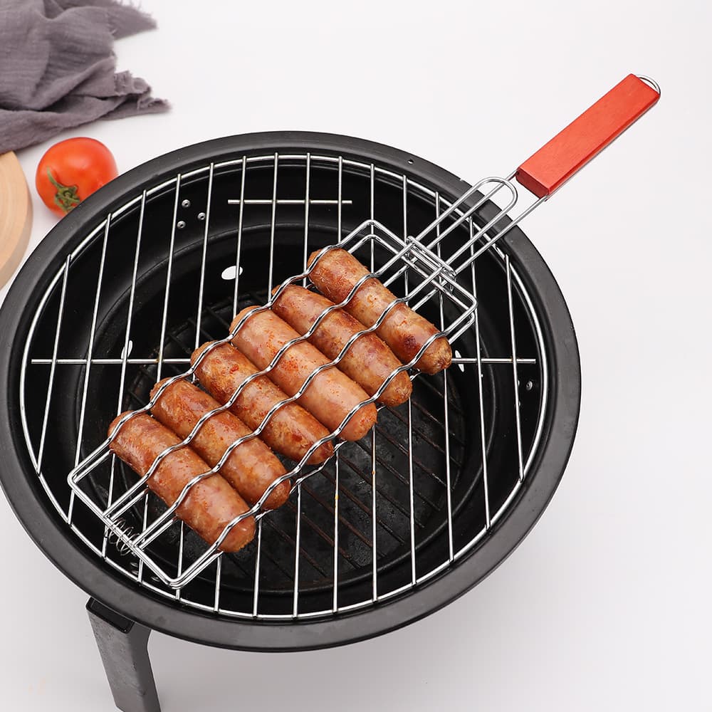 Cross-border outdoor wooden handle hot dog grill tongs, non-stick ham sausage grill net, multi-functional camping BBQ tool