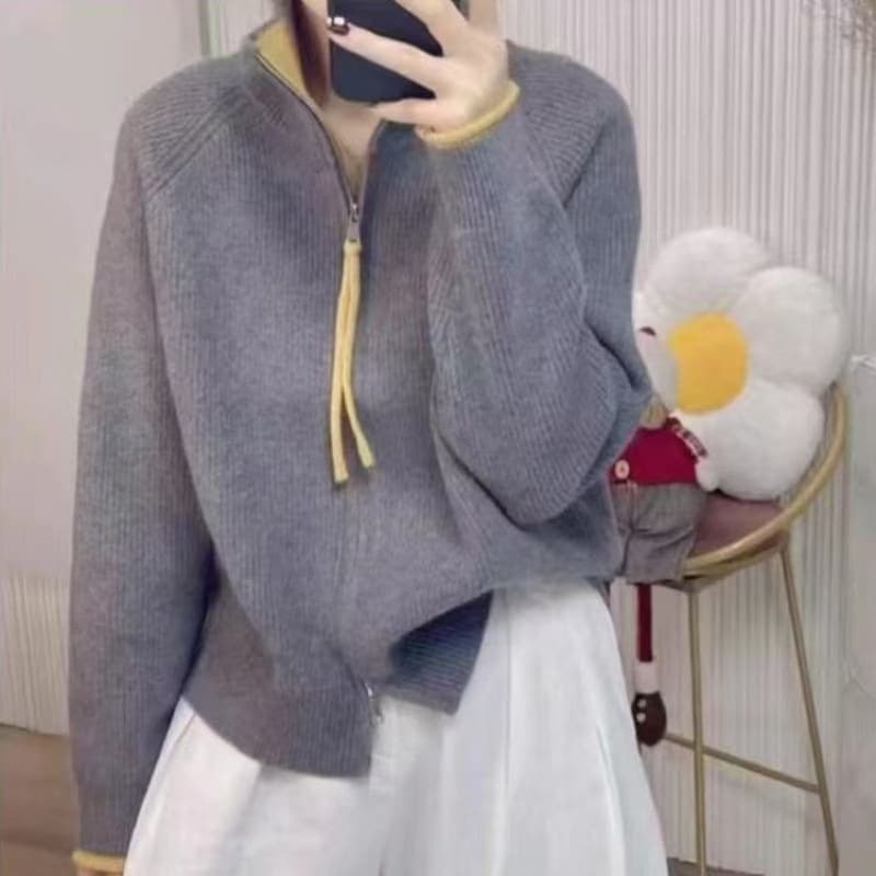 Kaning Color-Blocked Double Zipper Half-High Collar Knitted Cardigan 2026 Autumn New Design Sweater Jacket for Women