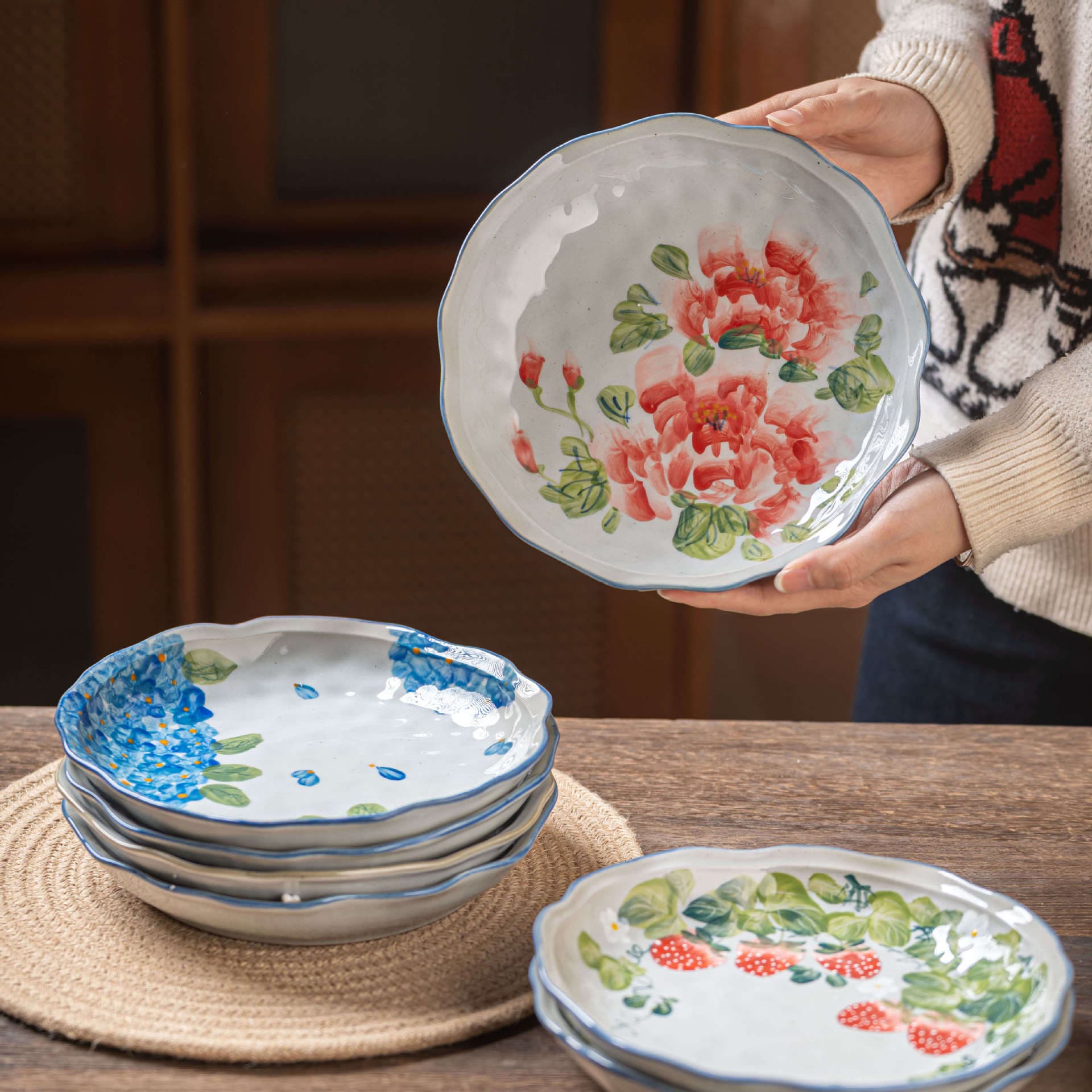 8-Inch Shell Plate Jingdezhen Ceramic Dish High-Temperature Underglaze Chinese Hand-Painted Deep Plate for Home Use Factory Direct