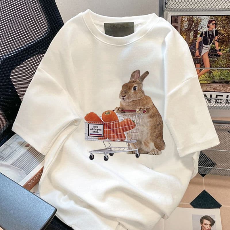 American-style cartoon Xinjiang cotton short-sleeved T-shirt, loose fit, Korean style, Hong Kong style, couple's white top