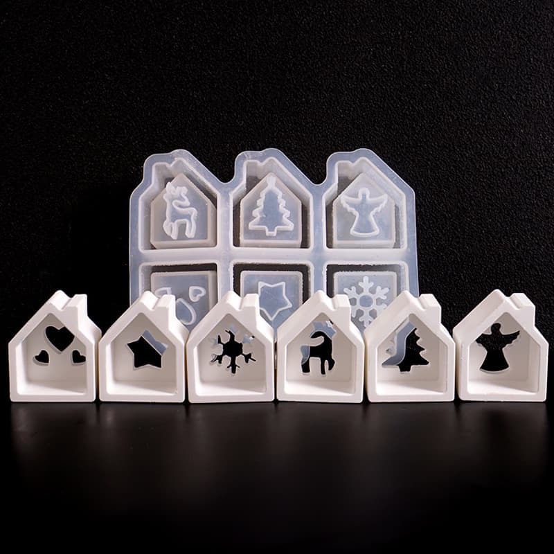Christmas 6-Cavity Hollow House Mold Snowflake Angel Deer Heart Christmas Tree House Ambiance Light Silicone Mold