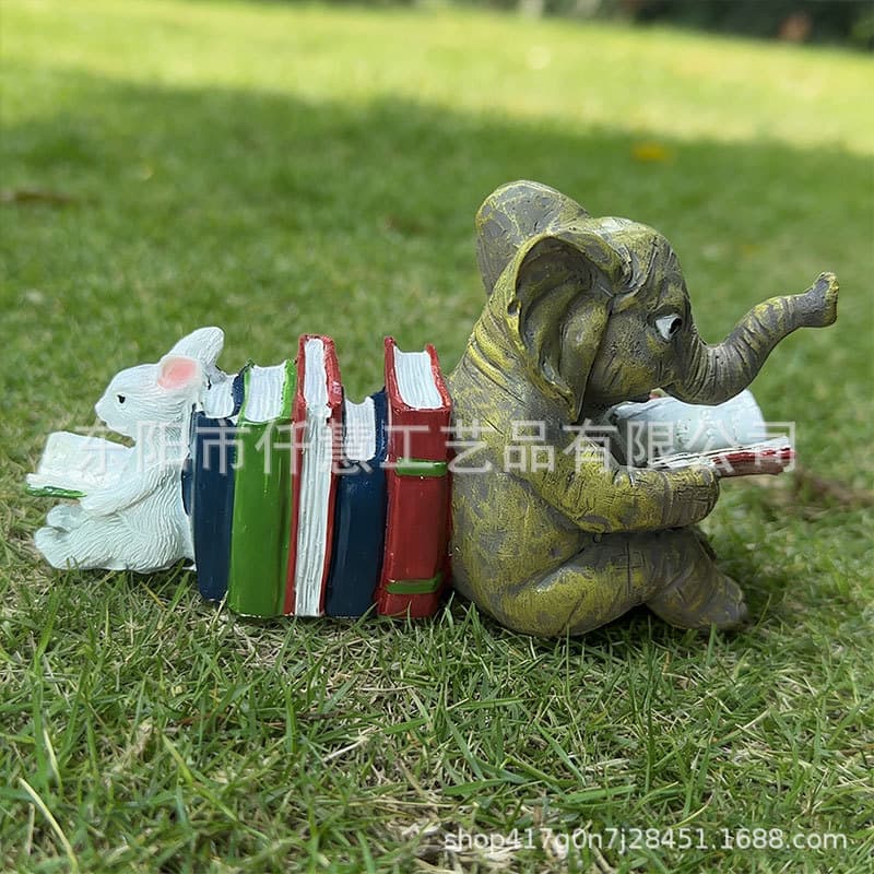 Cross-border Elephant and Rabbit Reading Together in Garden Rabbit Elephant Resin Craft Ornament Home Office Decoration
