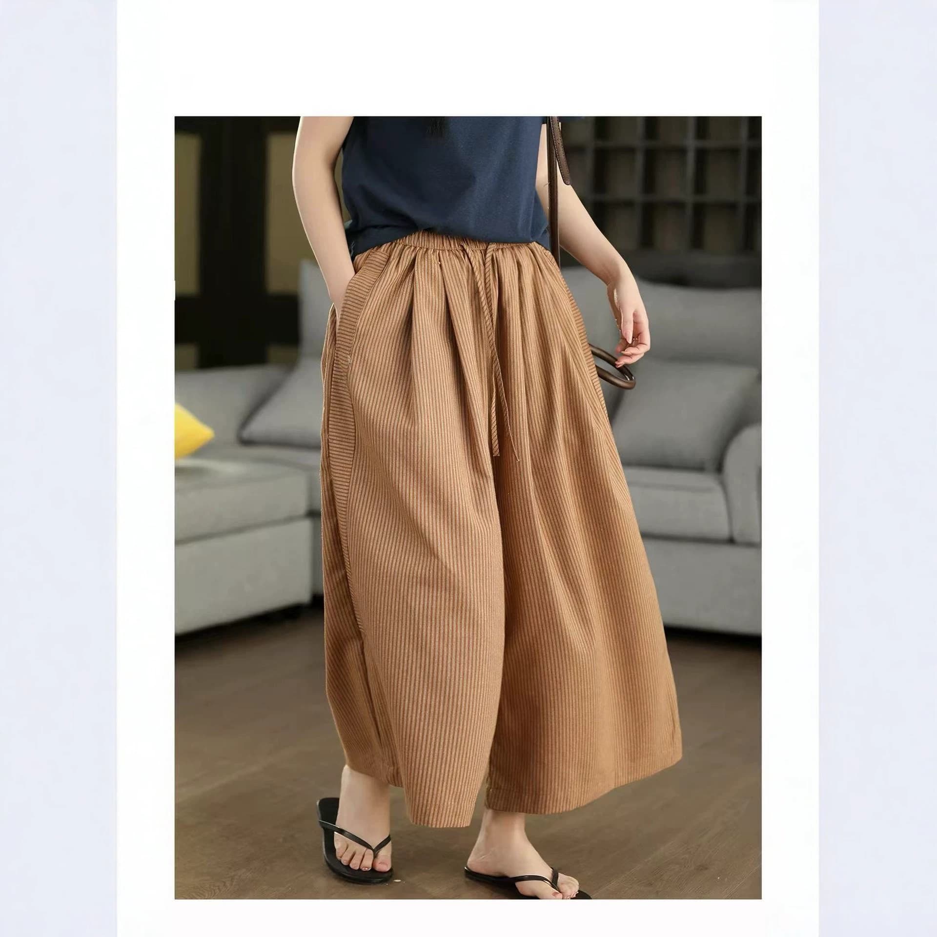 Vintage Yarn-Dyed Linen Stripe Wide-Leg Pants for Women 2026 Artistic Simple Drawstring Elastic Waist Slimming Versatile Wide Leg Pants