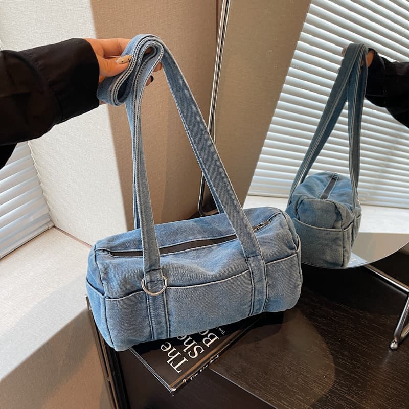Cross-border Korean niche washed denim commuter fashion handbag versatile casual retro large capacity shoulder bag