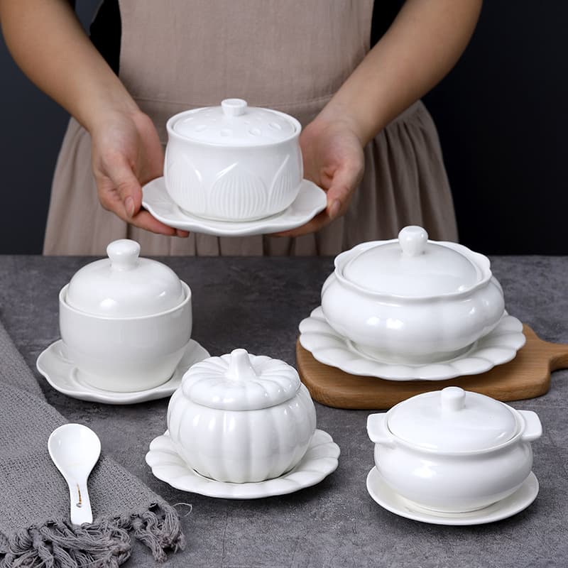 Pure White 4-inch Steaming Pot with Lid, Hotel Daily Ceramic Tableware, Bird's Nest Bowl, Shark Fin and Bird's Nest Double-Boiled Bowl, Ginseng Soup Tureen