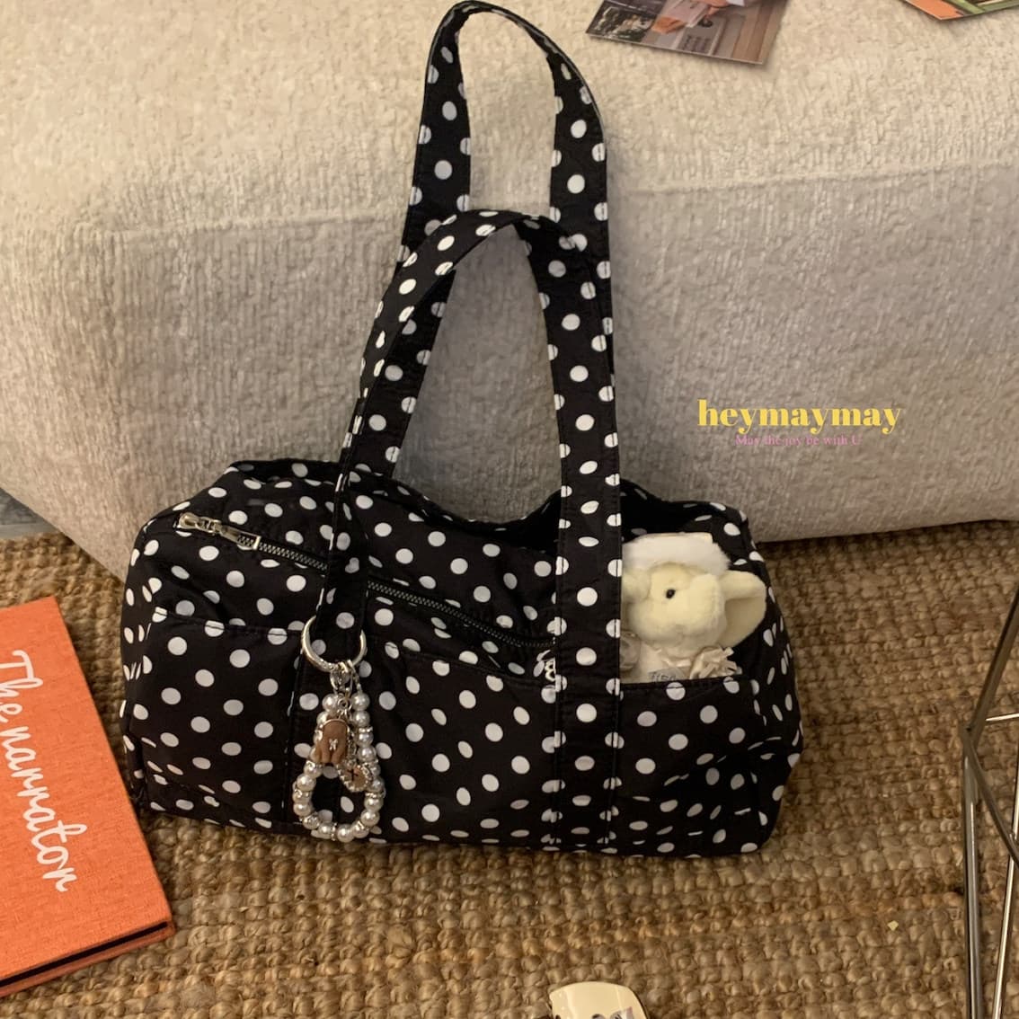 Heymaymay 'It's a Travel Day' Black and White Polka Dot Large Capacity Shoulder Bag Casual Handbag Shoulder Bag