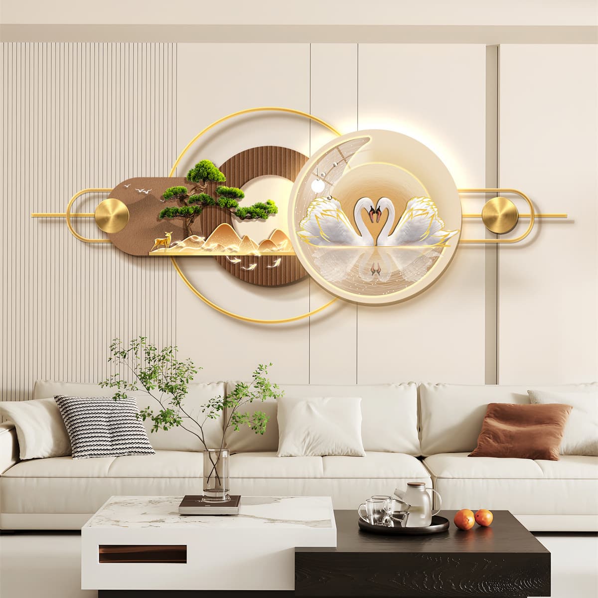 New Living Room 3D Wall Mural Decorative Art, Sophisticated Light Painting with Aluminum Alloy Combination Wall Hanging for Sofa Background