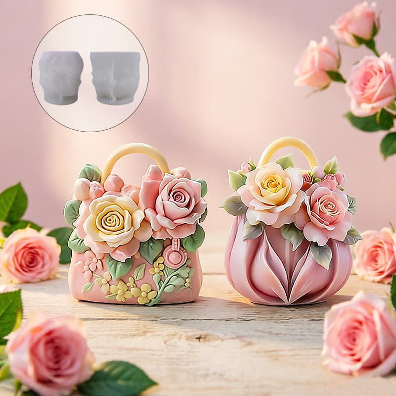Double Peony Bag Aromatherapy Candle Silicone Mold 3D Bag and Floral Design DIY Aroma Stone Ornament Mold