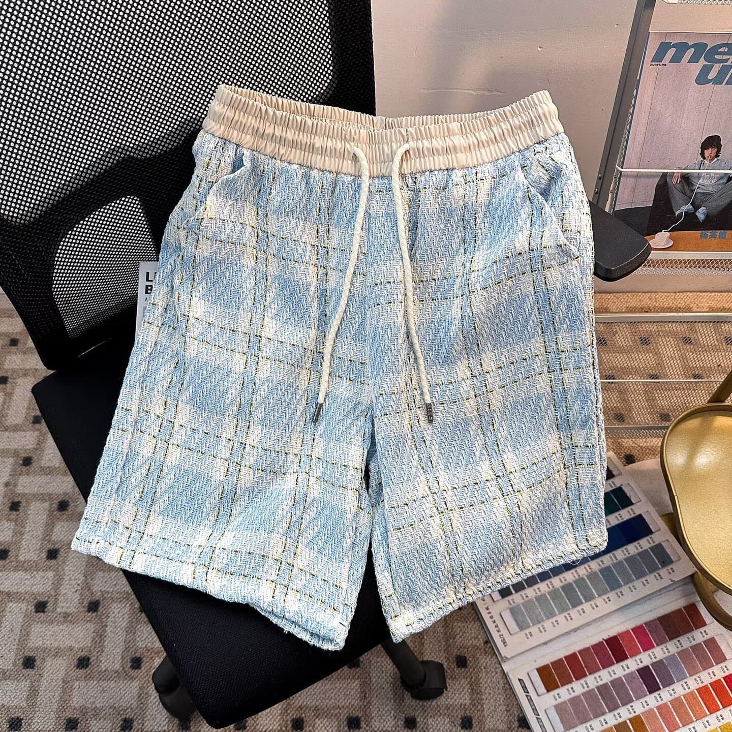 Chanel-style knitted plaid shorts for men, summer thin American retro five-point shorts, beach shorts, sports shorts