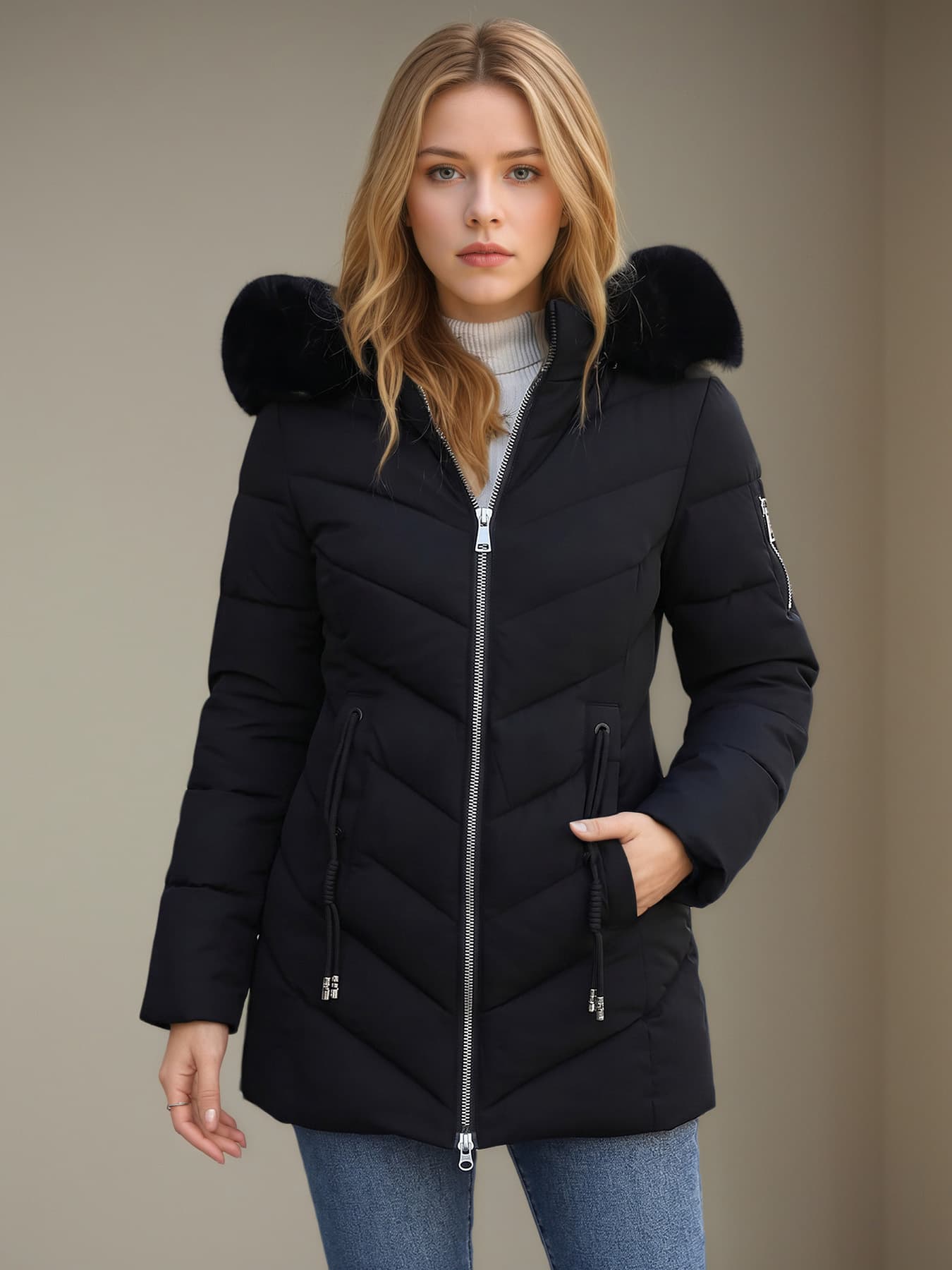 Winter New Women's Mid-Length Cotton Coat with Fur Collar, Thickened Korean Style Quilted Jacket, Slim Fit and Flattering Outerwear