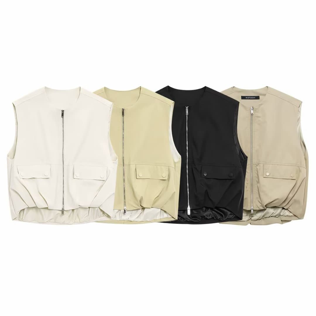 TAOP&ZA Summer New Women's Commuter Fashion Round Neck Pleated Sleeveless Zipper Trim Vest 0518251