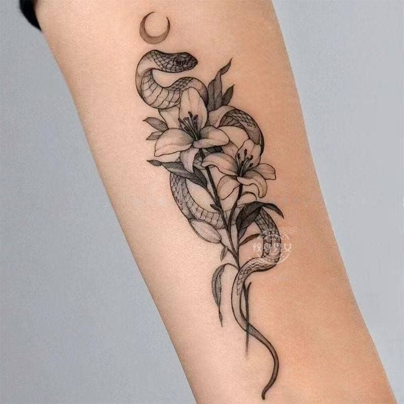 Retro Moon Snake Lily Tattoo Sticker Herbal Juice Waterproof Thigh Arm Ins Style Hot Girl Moon Flower Arm Sticker