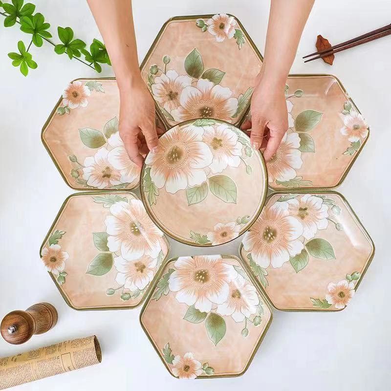 Viral Camellia 7-Piece Irregular Plate Set, Home Ceramic Plate 7-Piece Dinnerware Set