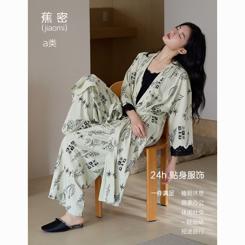 Women's Autumn/Winter Pajama Set with Antibacterial Stretch Cotton, Three-Piece Long Robe, Plus Size, Chinese Style Loungewear