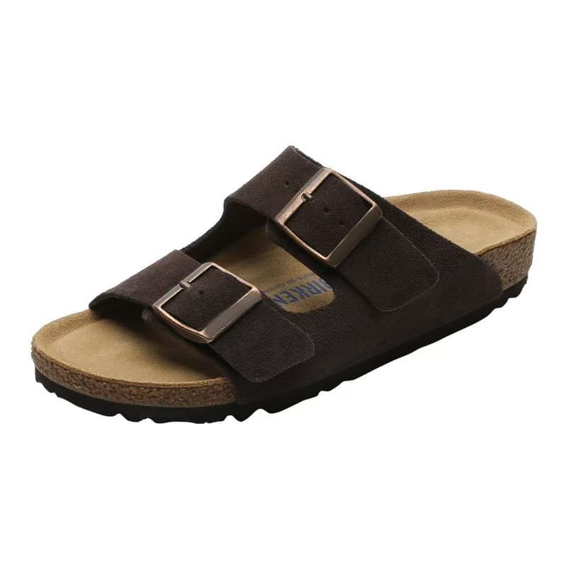 In Stock BK Birkenstock Genuine Cowhide Double Row Two-Character Buckle Sandals Slippers Cork Thick Sole Autumn Unisex