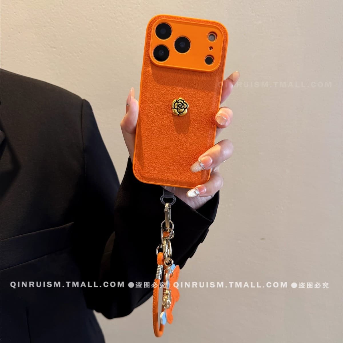 Premium Autumn/Winter Leather Texture Case for Apple iPhone 17 Pro Max, Orange, "Money Soon" Bracelet Design, iPhone 16 Case