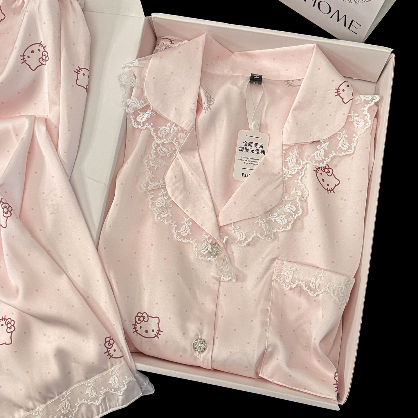 Women's Summer Pajamas, Women's Ice Silk Pajamas, Ice Silk Pajamas, Super Popular Cat Pink Polka Dot Ins Homewear