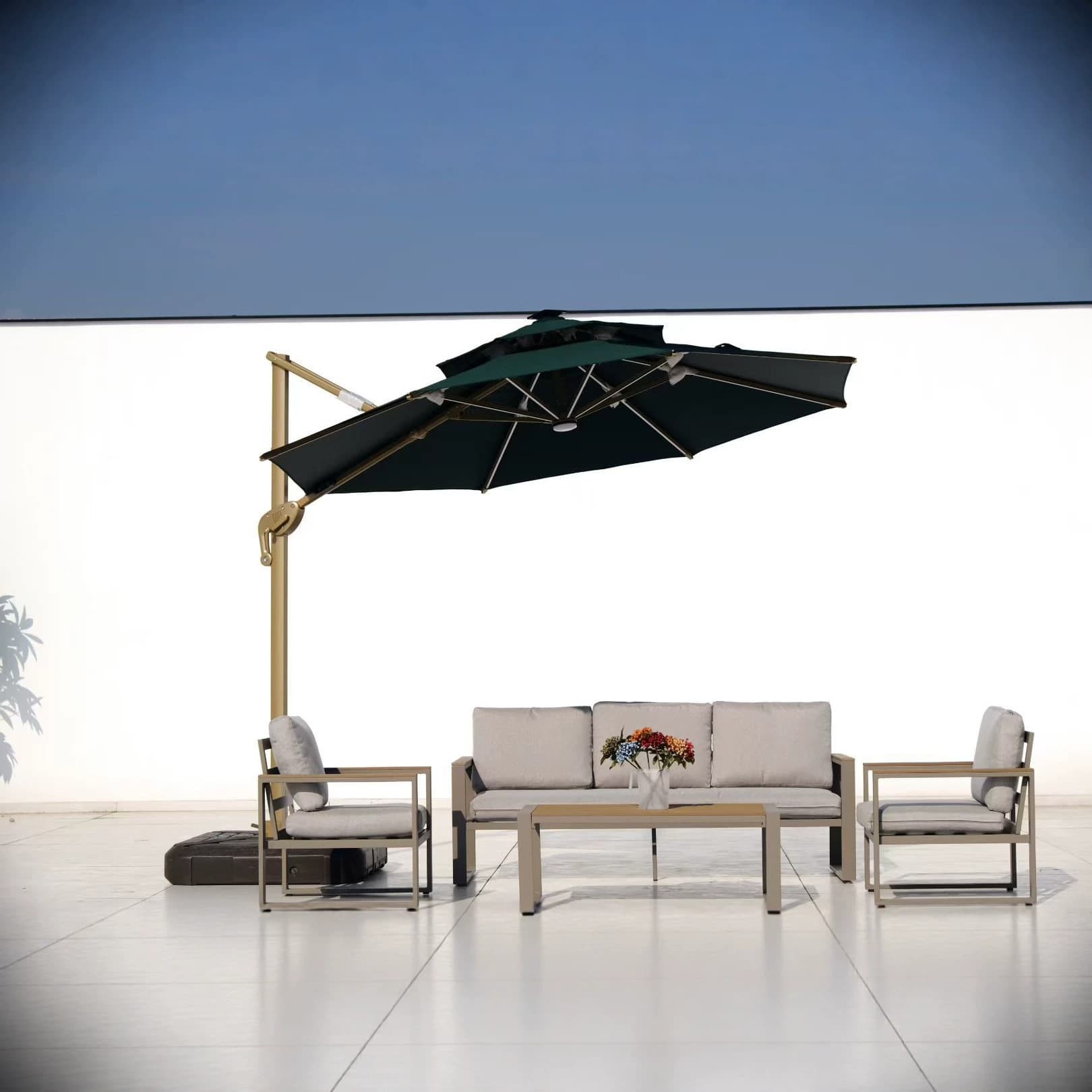 Tuhao Gold Upgraded Double Trolley Roman Umbrella with Light (Cold and Warm Light) Cafe Roman Umbrella Balcony Roman Umbrella
