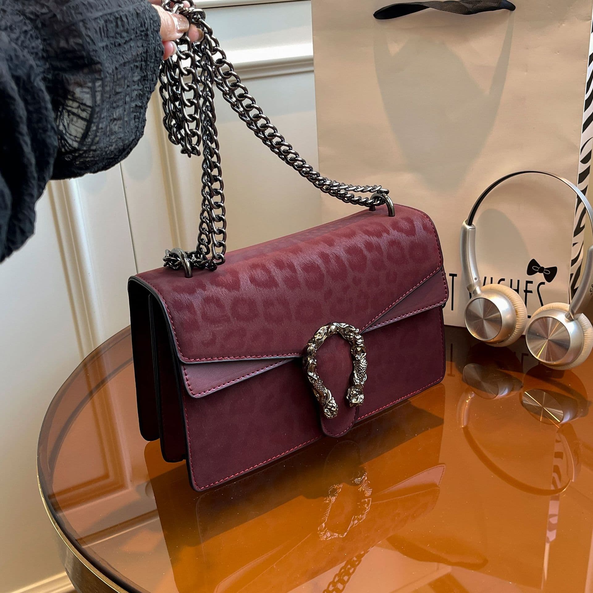 Cross-border Premium Leopard Print Small Square Bag Luxury Shoulder Bag Textured Personality Chain Trendy Niche Retro Underarm Bag