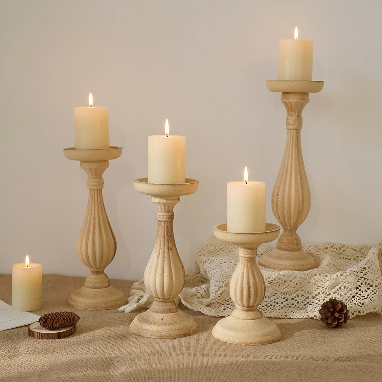 Nordic Vintage Roman Column Wooden Candle Holder White Base Decorative Ornament Plain Unfinished for Home Photography Props