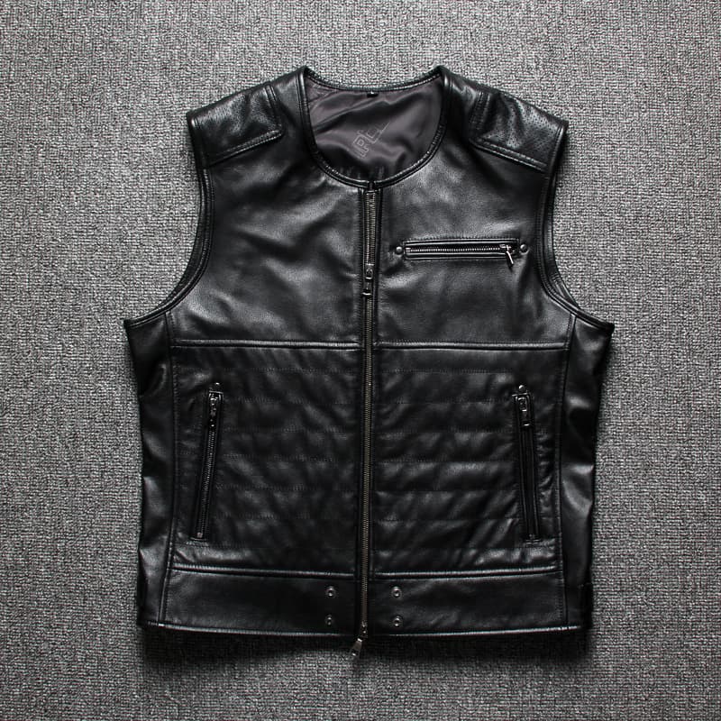 Lightweight Genuine Leather Harley Motorcycle Vest Men's Club Team Cycling Clothing Street Style Slim Fit Zipper round Neck Vest