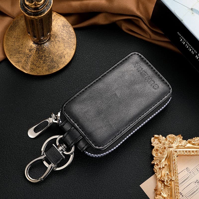 Men's Genuine Leather Key Case, Top Layer Cowhide Double Layer Double Zipper Waist Hanging Car Key Remote Control Protective Cover