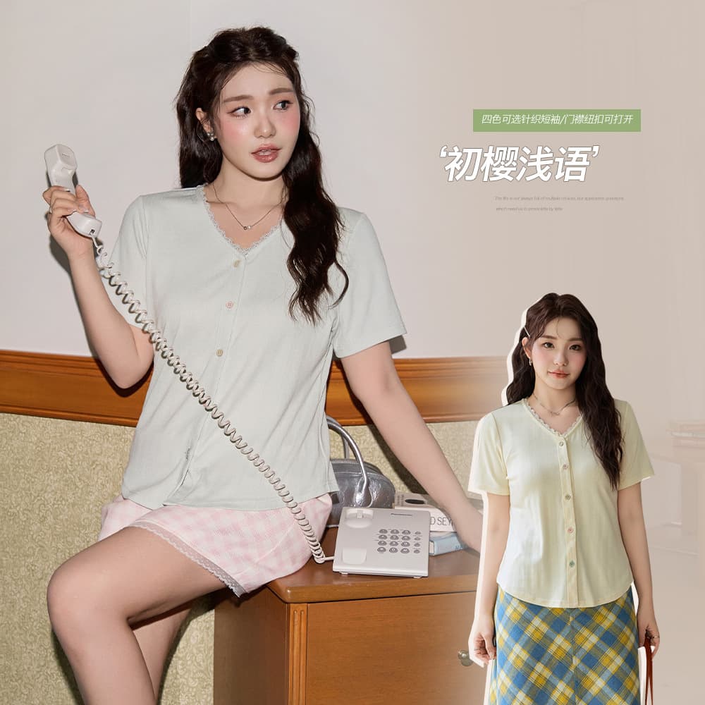 Korean style lace patchwork color-blocked jacquard short-sleeved top for women, summer, plus size, loose fit, slimming, 65353