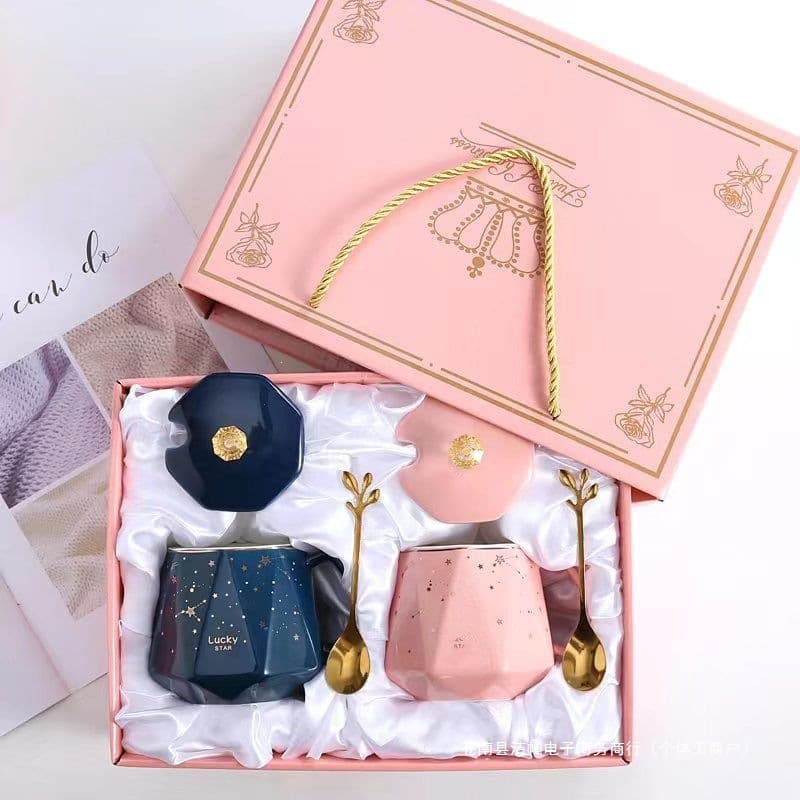 Couple Style Pink Mug Gift Box Set Coffee Cup High Appearance Gift Ceramic Mug with Lid and Spoon
