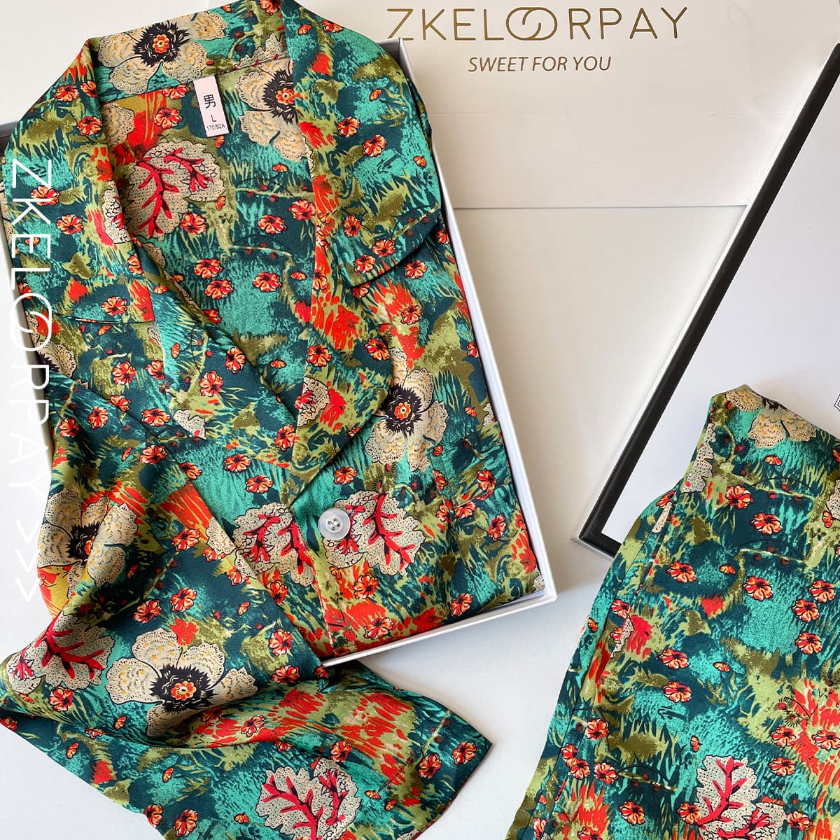 Cross-border Thin Ice Silk Pajamas for Men Spring Autumn Plus Size Imitation Silk Print Shirt Loungewear Summer