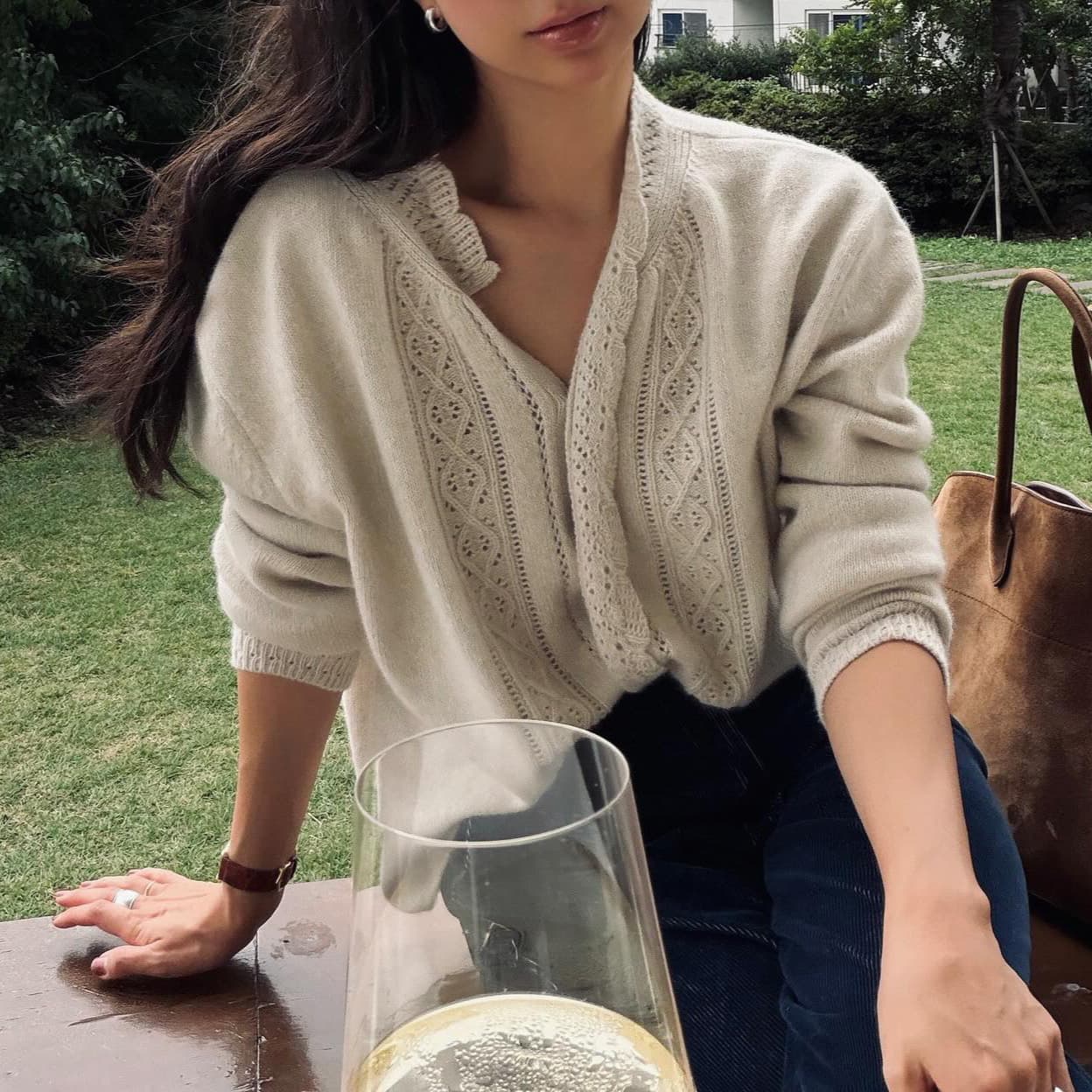 Korean far*en Cardigan 2025 Lace Collar Hollow-Out Knitwear Retro V-Neck Jacquard Sweater New Autumn/Winter Women