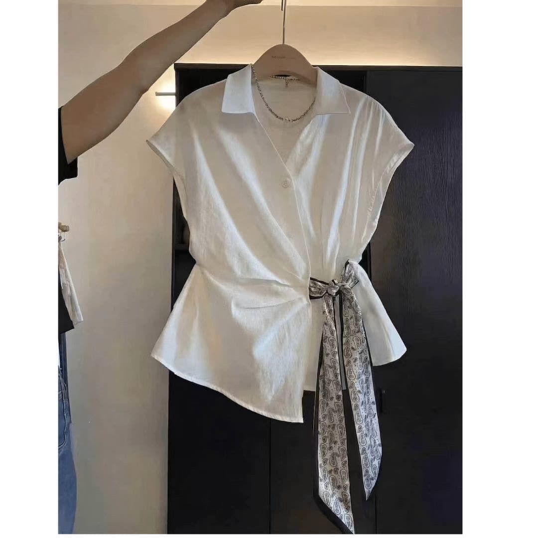 New 2026 Light Luxury Design French Minimalist Summer Commute Fashion Scarf Tie Pleated Blouse for Women