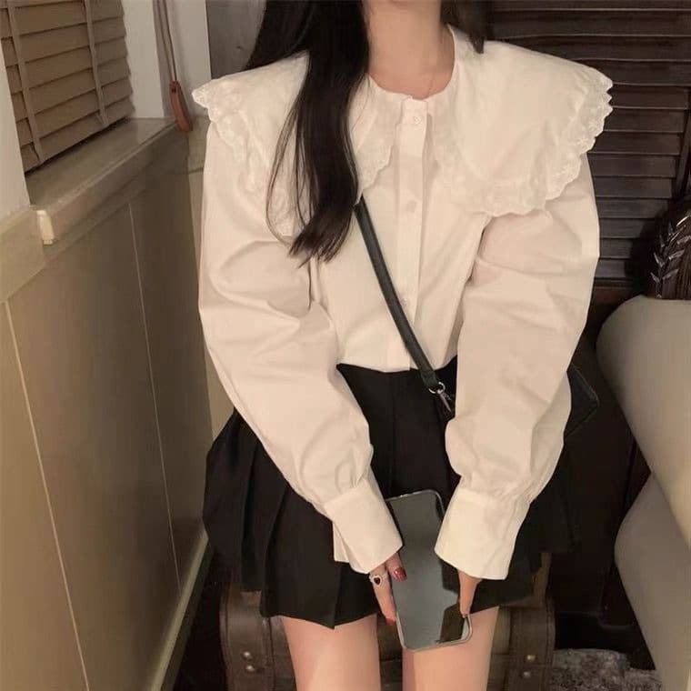 New Autumn Sexy Pure Desire Style Doll Collar Long Sleeve T-Shirt Design Sense Niche French Sweet Cardigan Top Ins