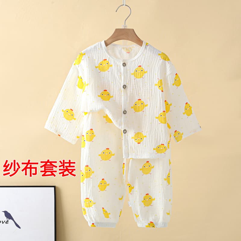 Children's home clothes, summer thin set, pure cotton double-layer gauze pajamas, cotton gauze air-conditioned clothes for middle-aged and older children, girls and boys