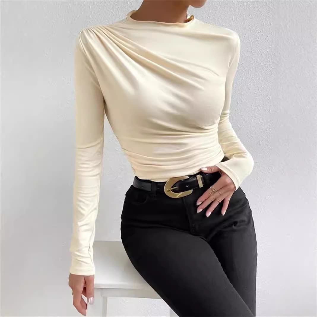 2024 Cross-border European and American Solid Color Slim Fit Base Layer Long Sleeve T-Shirt with Pleated Design for Women