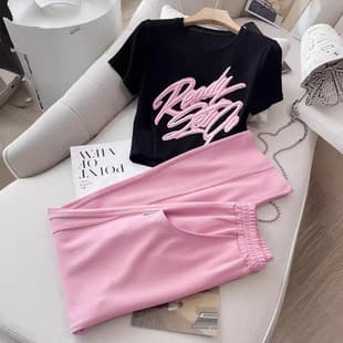 New Casual Sportswear Set Women Summer Fashion Fitted Top Pink Wide Leg Pants Two-Piece College Style