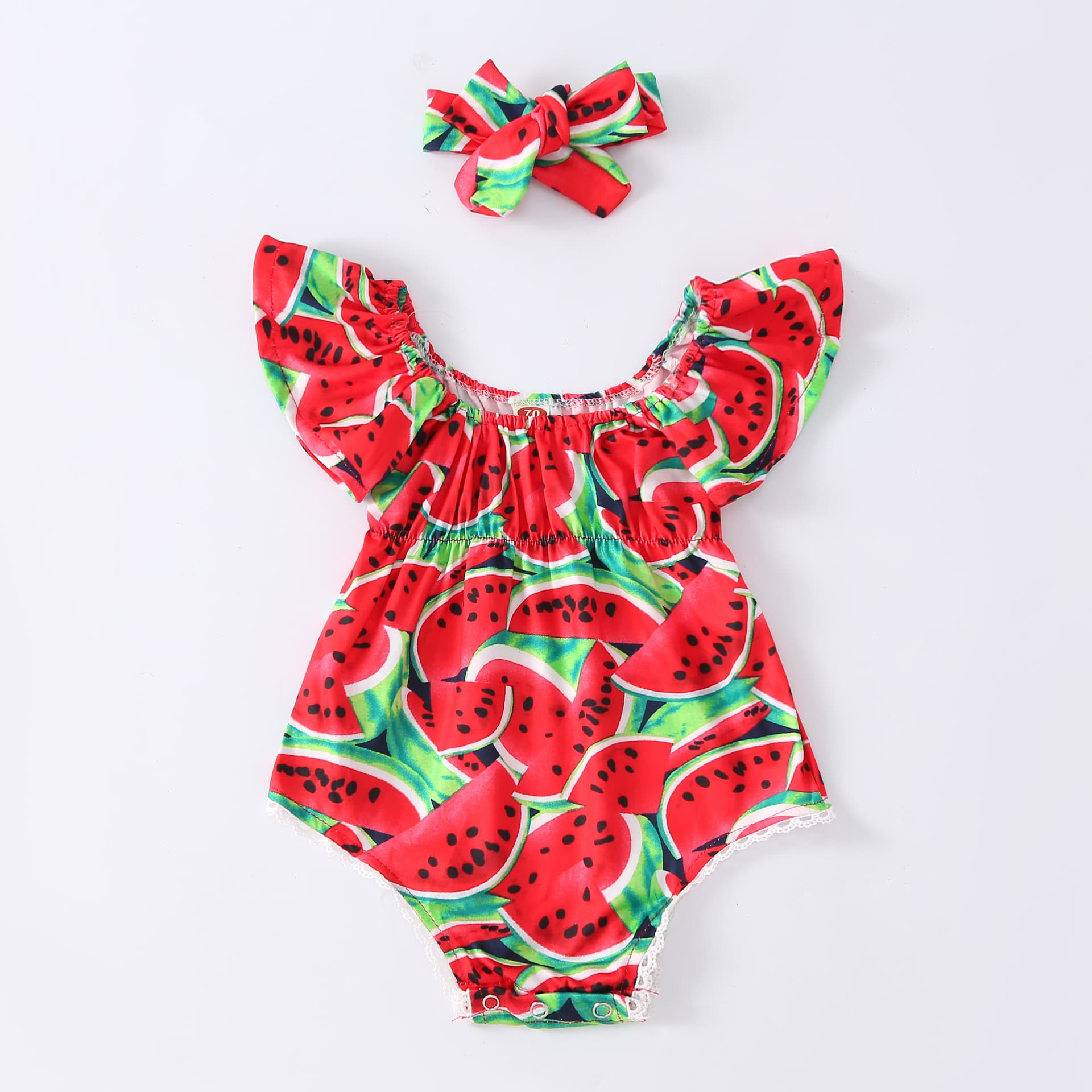 Korean-style Watermelon Print Baby Romper with Flutter Sleeve Two-Piece Set with Headband, Baby Bodysuit for Cross-Border E-Commerce