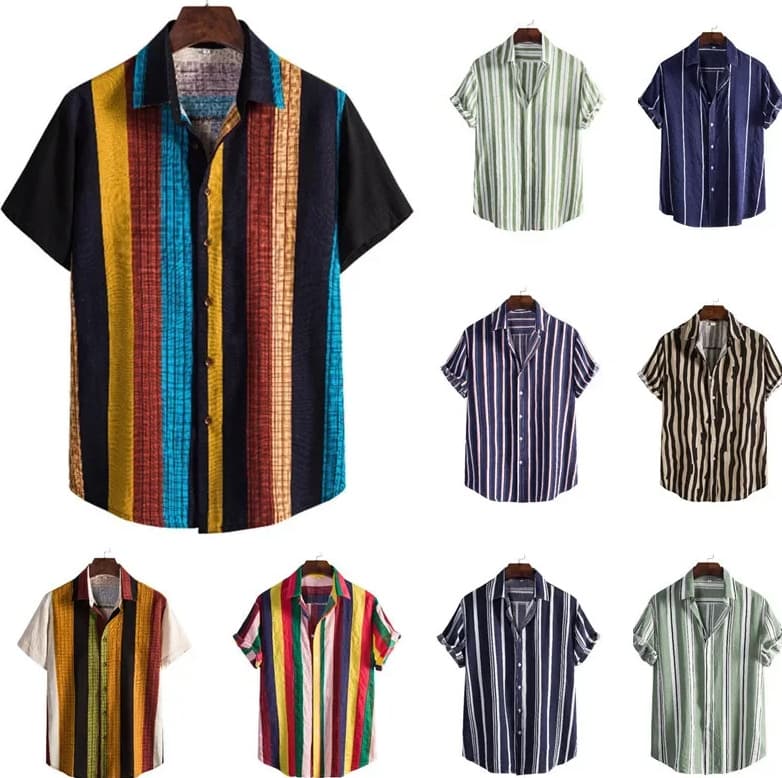 AliExpress EBAY 2025 New Men's Short Sleeve Shirt Printed Fashion Loose Striped Shirt Casual Shirt