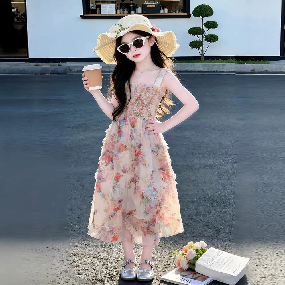 Girls' Dress 2026 New Style, Summer Trendy Floral Print Dress for Older Girls, Fashionable Strappy Dress