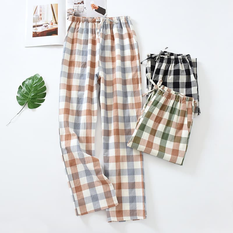 Japanese Simple Spring/Autumn Women's Pure Cotton Pajama Pants Washed Plaid Long Pants Summer Air-conditioning Pants Full Cotton Home Pants