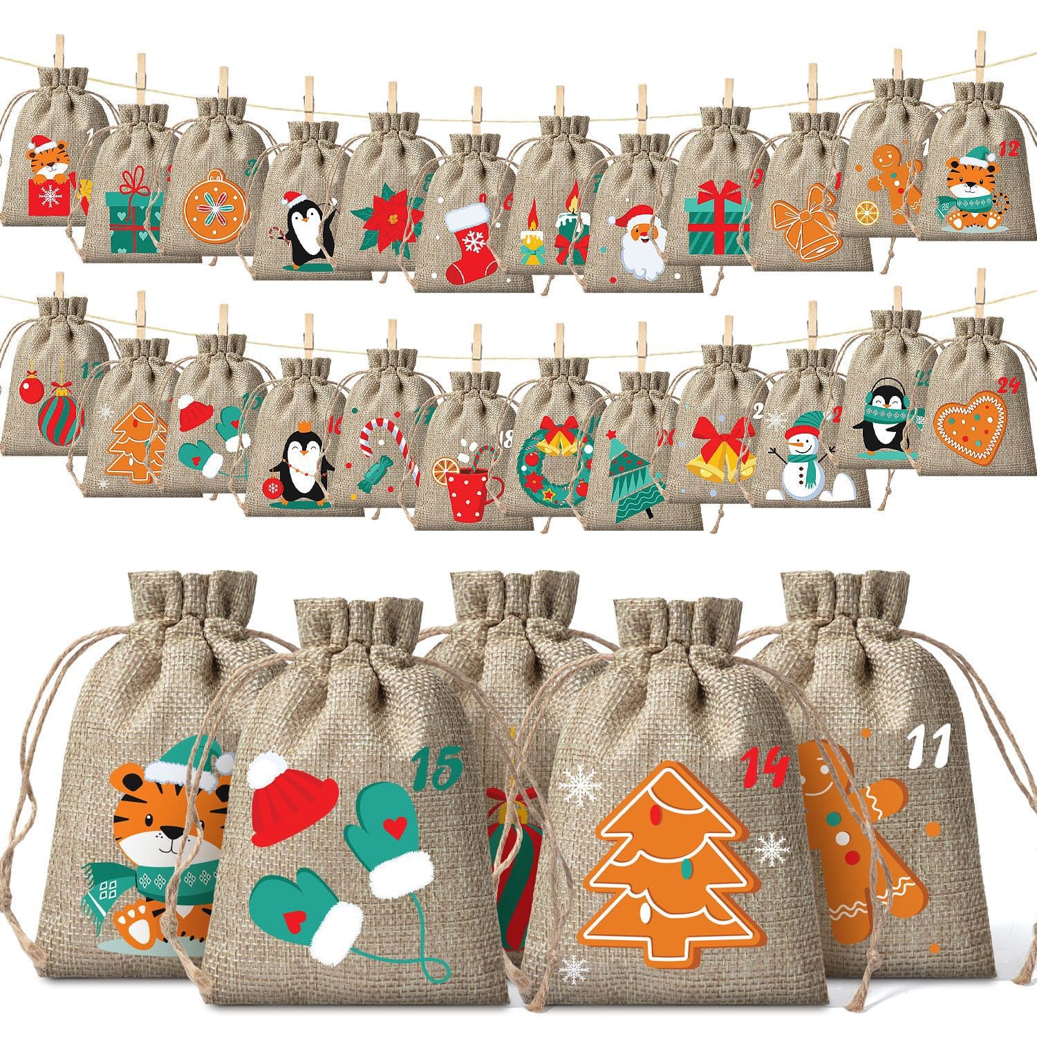 Christmas Advent Calendar Bag Set Countdown 1-24 Numbers Linen Bundle Pocket Children's Candy Packaging Bundle Pocket