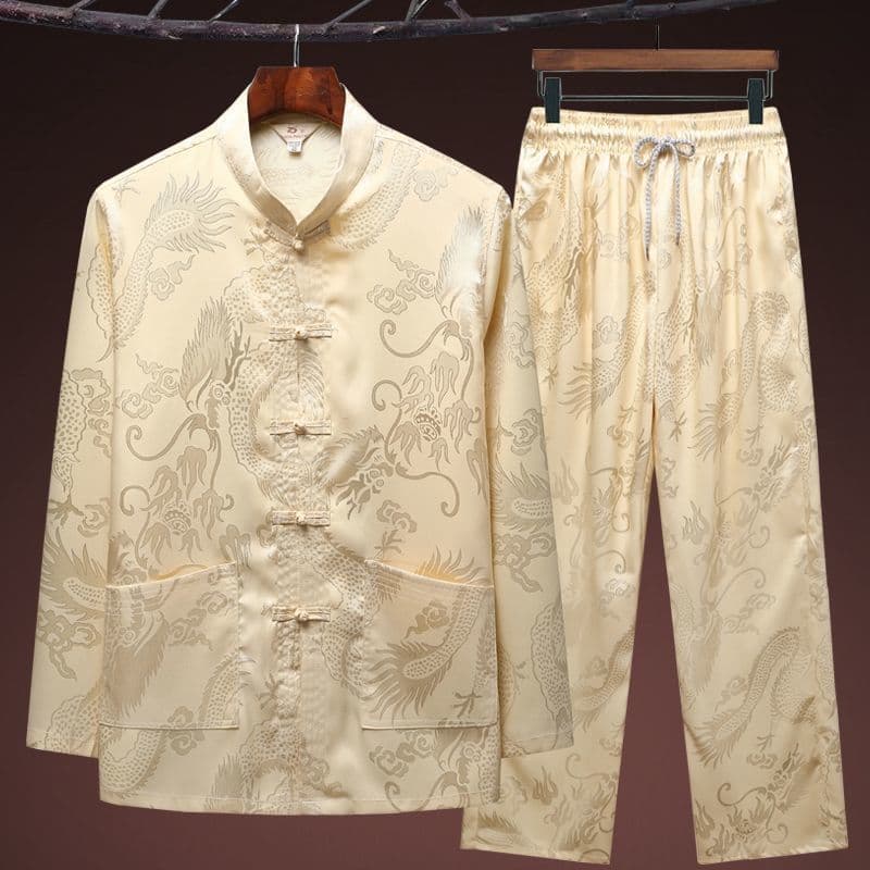 Chinese-style spring and summer ice silk middle-aged and elderly Tang suit for men, long-sleeve autumn set, dad silk grandpa clothing, Hanfu.