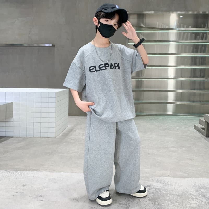 In Stock Boys' Summer Short Sleeve Set New Big Kids Casual Boys Loose Children's Summer Long Pants Two-Piece