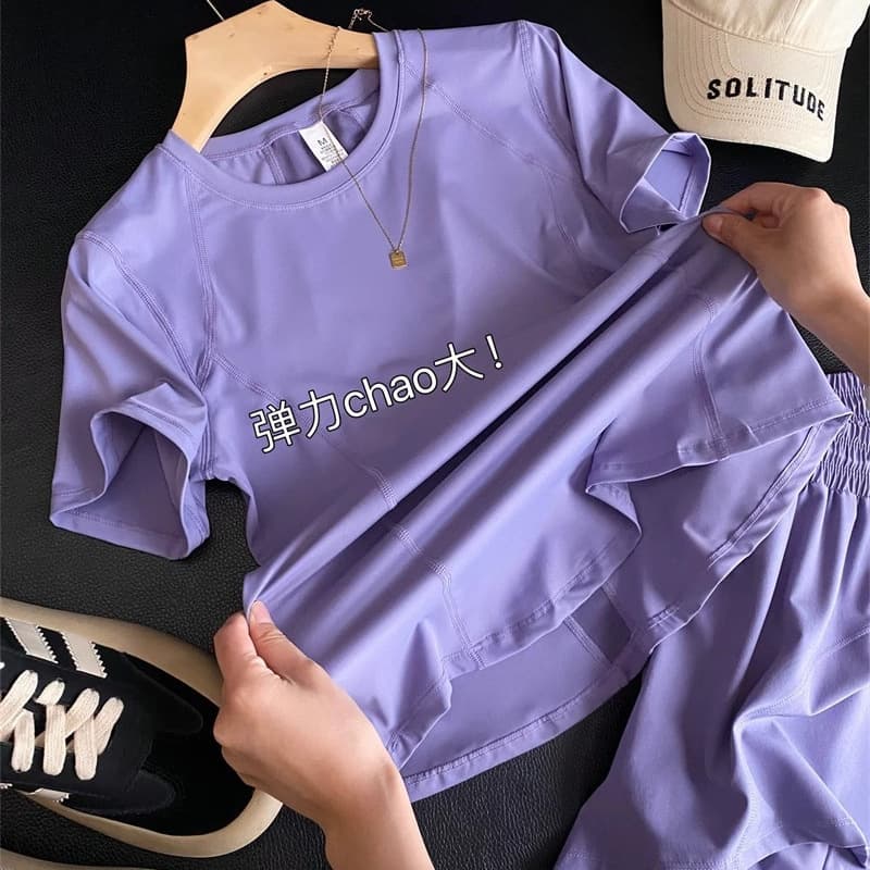 Lu series fashionable simple quick-drying sports yoga clothes elastic slim short-sleeved shorts two-color suit women's summer two-piece set