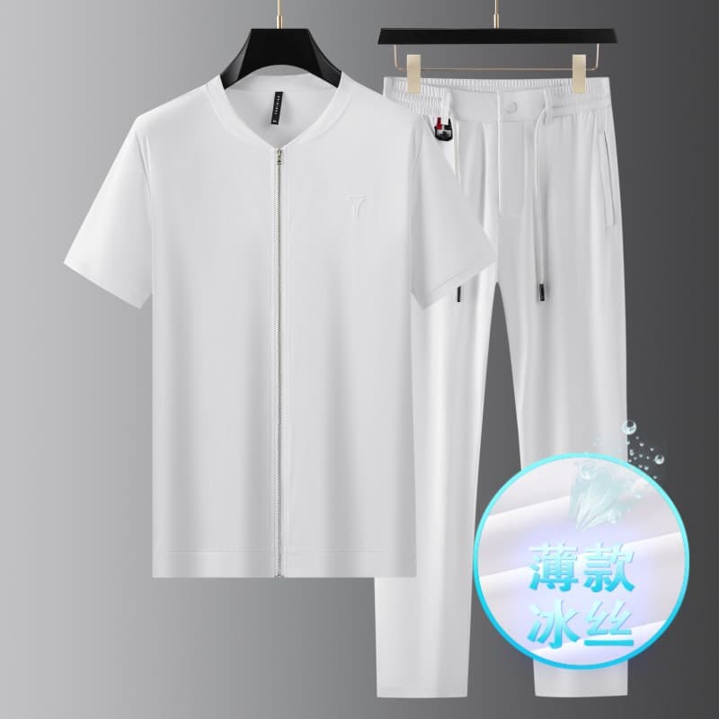 Ice-Touch Skin-Friendly Sports Suit Men Zip-Up Cardigan Casual Short Sleeve T-Shirt Ice Silk Suit Thin 16