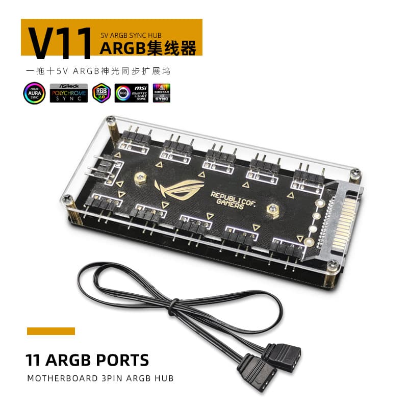 Cross-Border Hot-Selling 5V 3-Pin One-to-Ten Splitter, Computer ARGB Expansion for PC Building, iCUE Sync Fan Hub