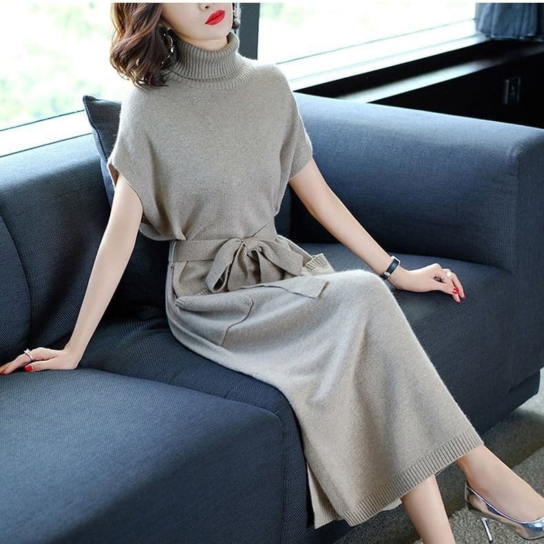 Early Autumn High-Neck Tie-Detail Middle-Aged Women's Knit Sweater Dress Long Loose Slimming Elegant Waist-Defining