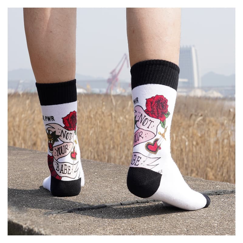 Digital printed socks with 3D inkjet printing, 360-degree seamless printing, bulk sales with provided designs.