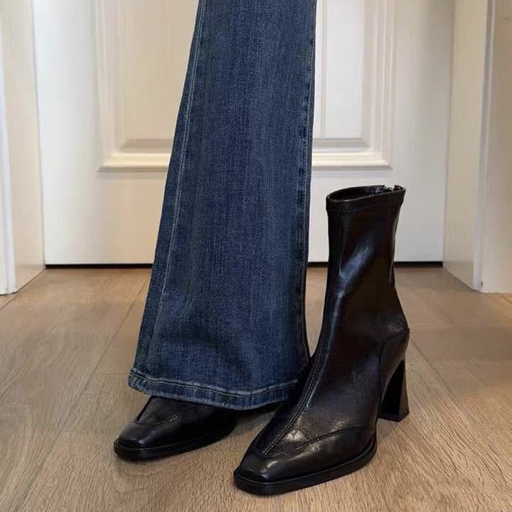 Korean-style high-heel square-toe slim boots, short boots for women, chunky heel retro Martin boots, British-style short single boots